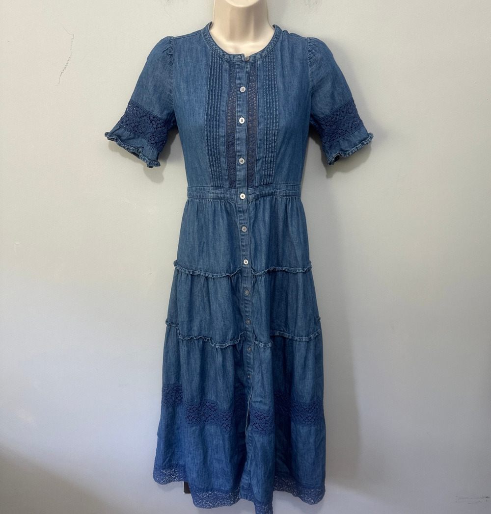 Denim Tiered Button-Front Midi Dress - Blue